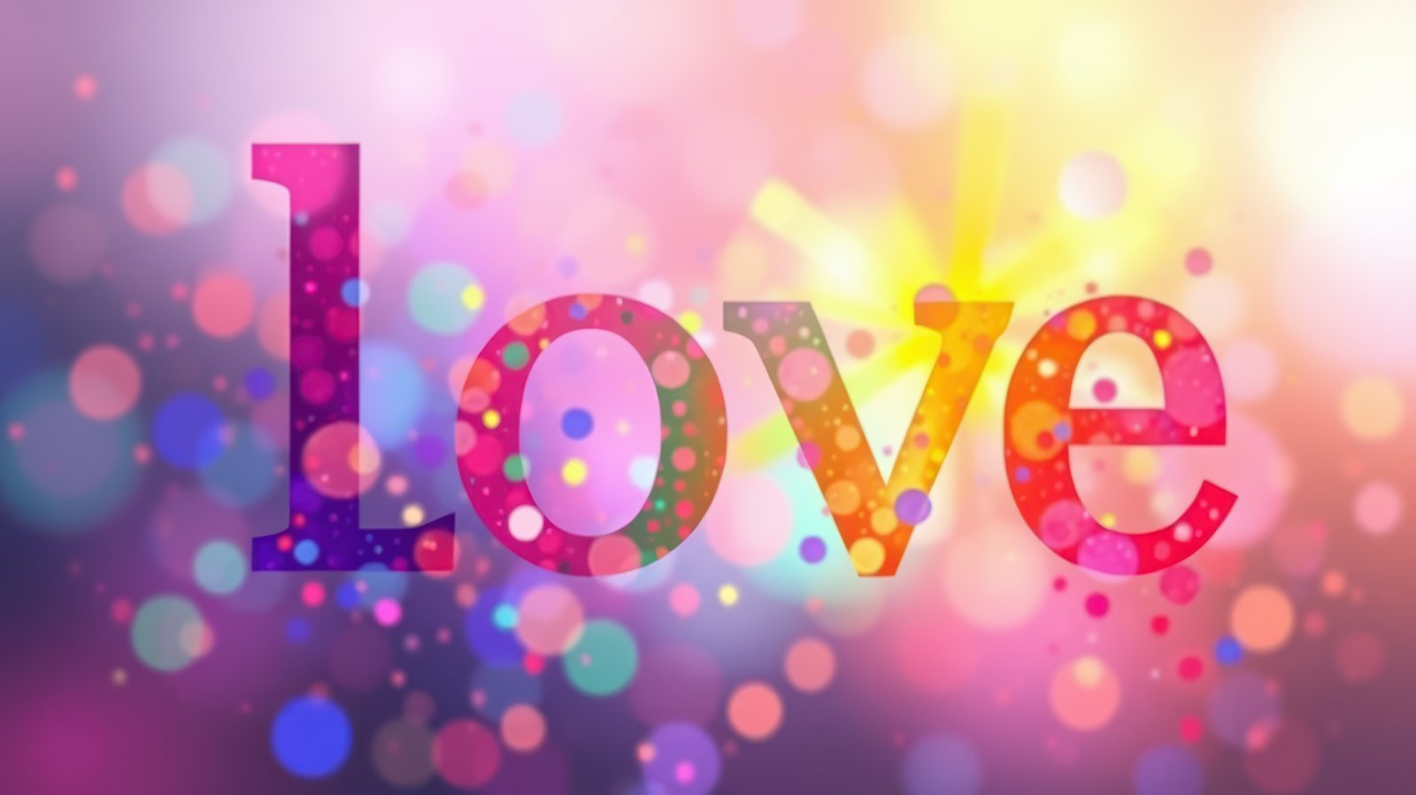 Colorful display of the word love surrounded by vibrant bokeh lights creating a romantic atmosphere